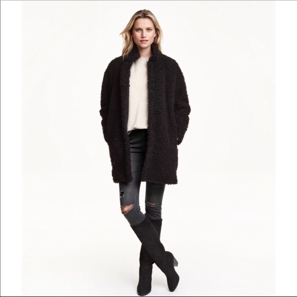 H&M Black Faux Fur Shaggy Teddy Coat Jacket XS